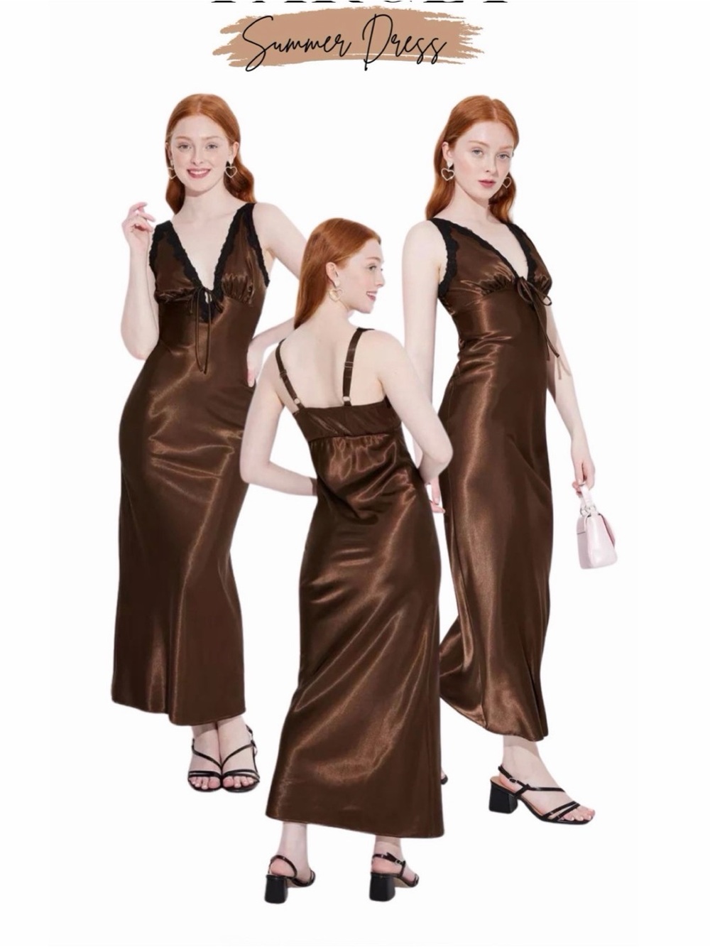 Brown Satin Lace-Trim Slip Dress